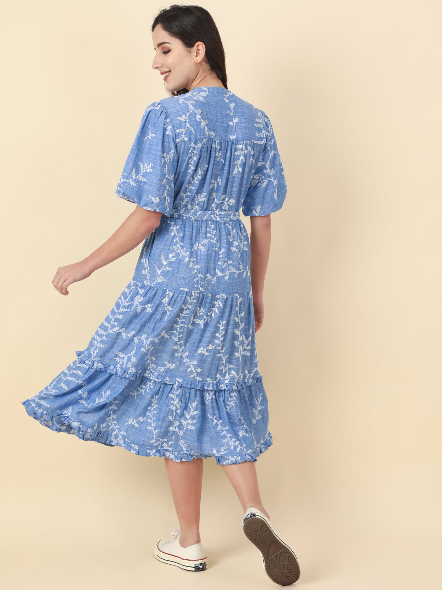 Women's Blue Puffed Sleeves A-Line Dress By Room9 The Popup Store