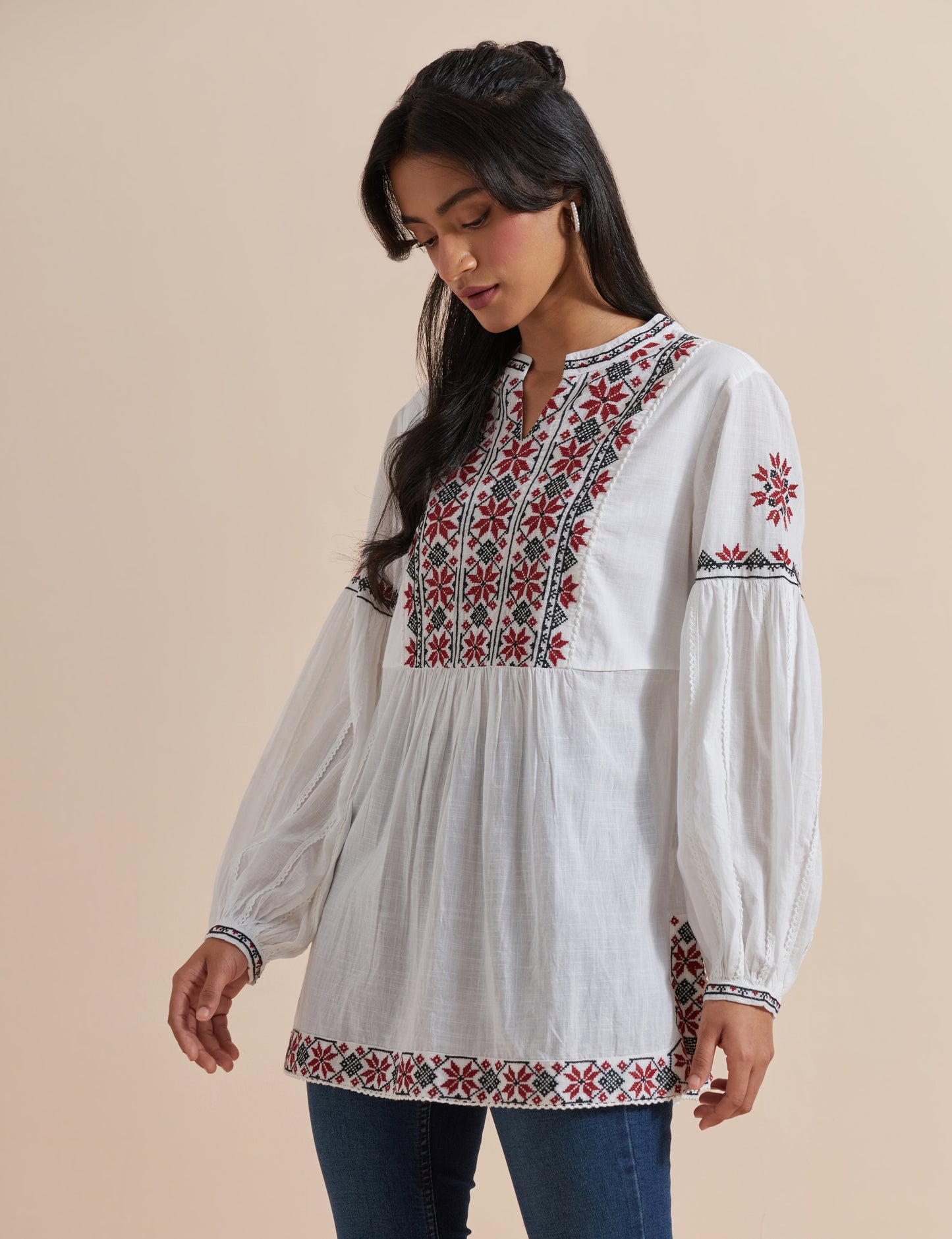 Women's White Cotton Multicolored Embroidered Top By Room9 The Popup Store