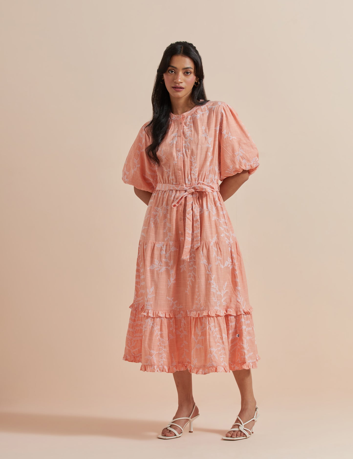 Women's Peach A-Line Puffed Sleeves Dress By Room9 The Popup Store