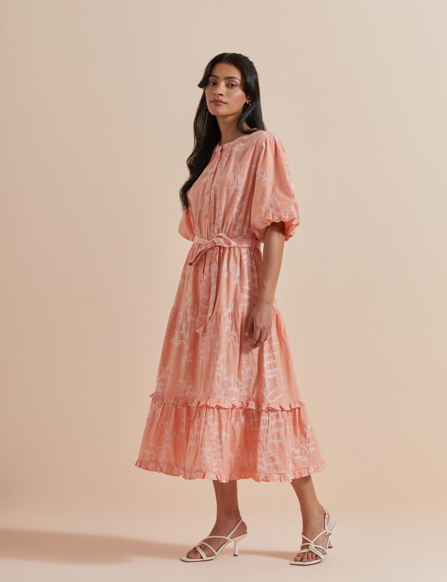 Women's Peach A-Line Puffed Sleeves Dress By Room9 The Popup Store