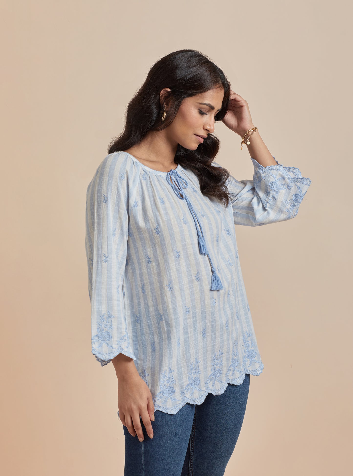 Women's Blue Striped Cotton Top By Room9 The Popup Store