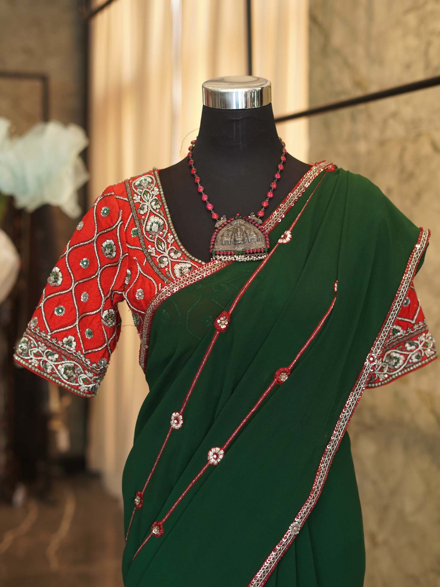 Women's Scarlet Fern Drift: Green Georgette Saree with Crimson Embroidery By Room9 The Popup Store