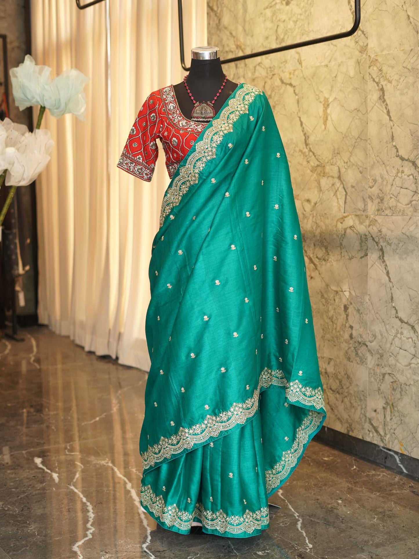 Women's Royal Green Embroidered Silk Saree By Room9 The Popup Store