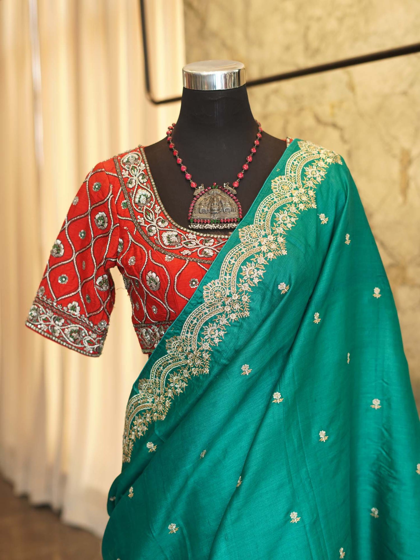 Women's Royal Green Embroidered Silk Saree By Room9 The Popup Store