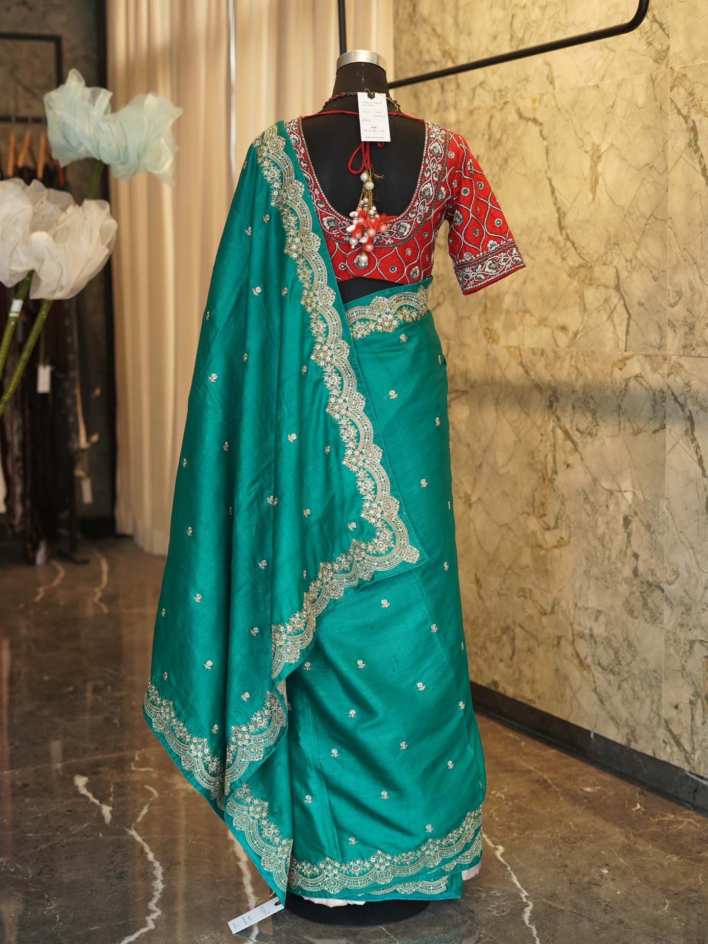 Women's Royal Green Embroidered Silk Saree By Room9 The Popup Store