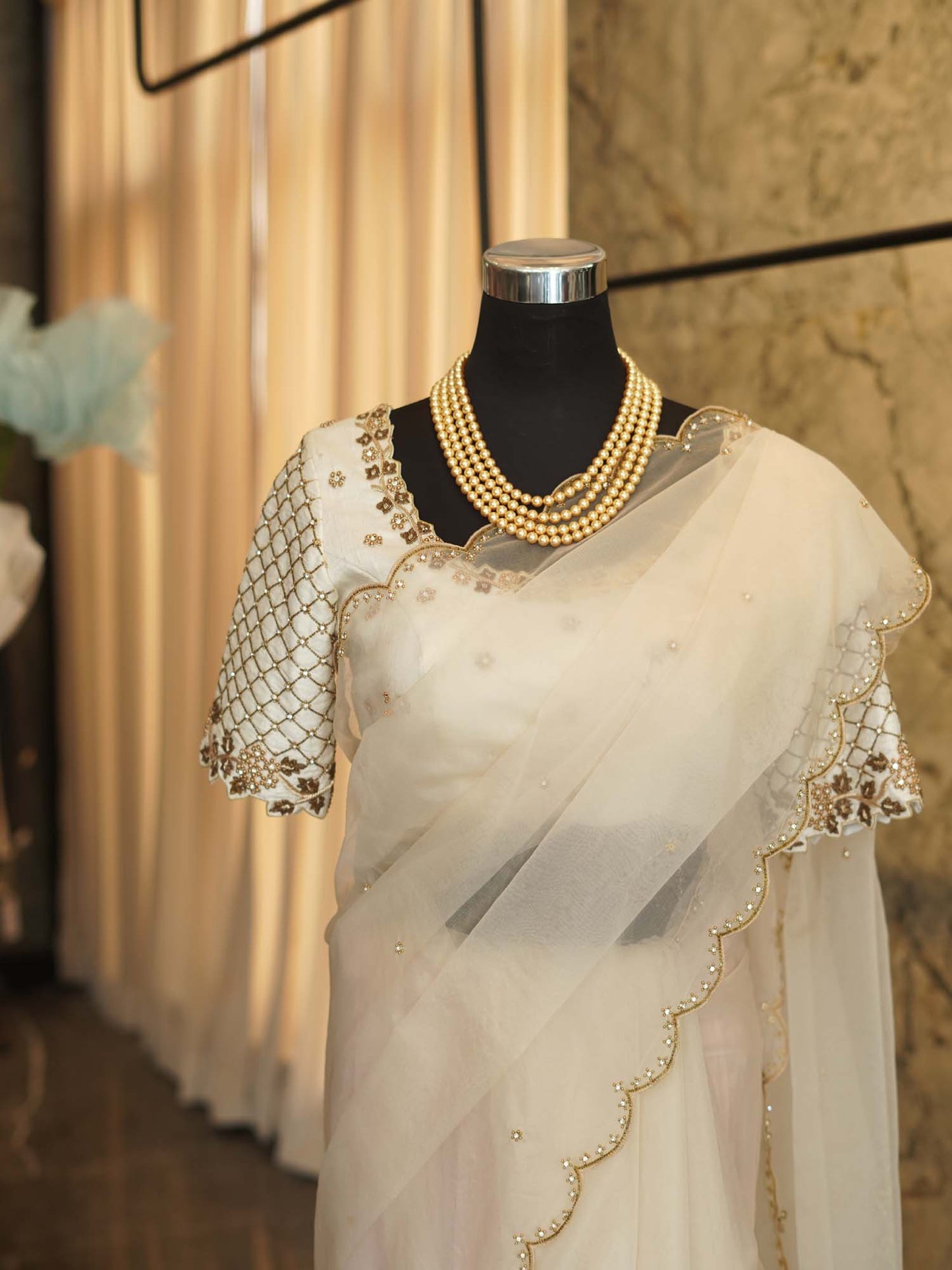 Women's Opulent Ivory Whispers: Beige Off-White Organza Saree By Room9 The Popup Store