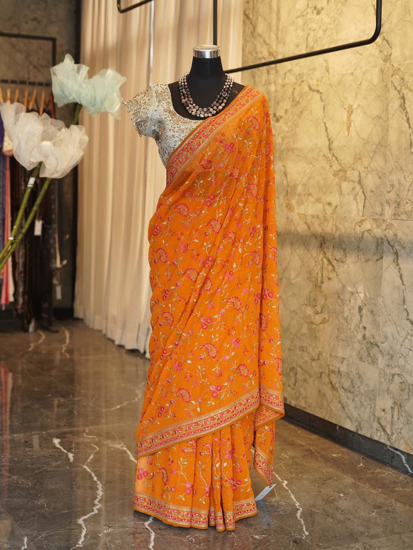 Women's Orange Half & Half Embroidered Saree By Room9 The Popup Store