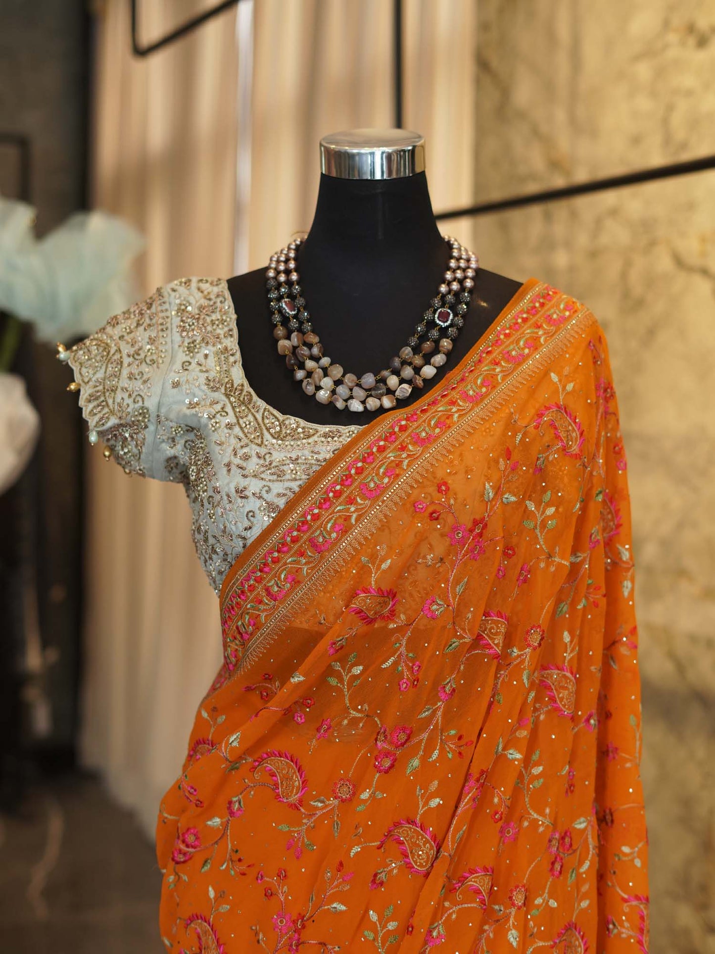 Women's Orange Half & Half Embroidered Saree By Room9 The Popup Store