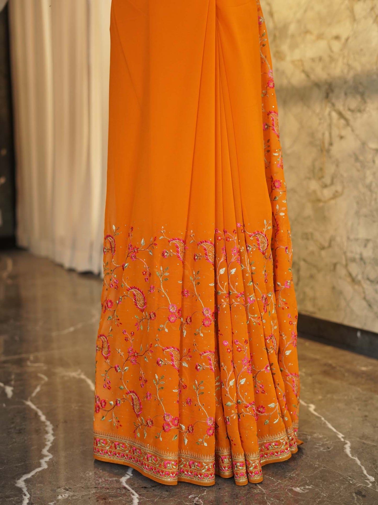Women's Orange Half & Half Embroidered Saree By Room9 The Popup Store
