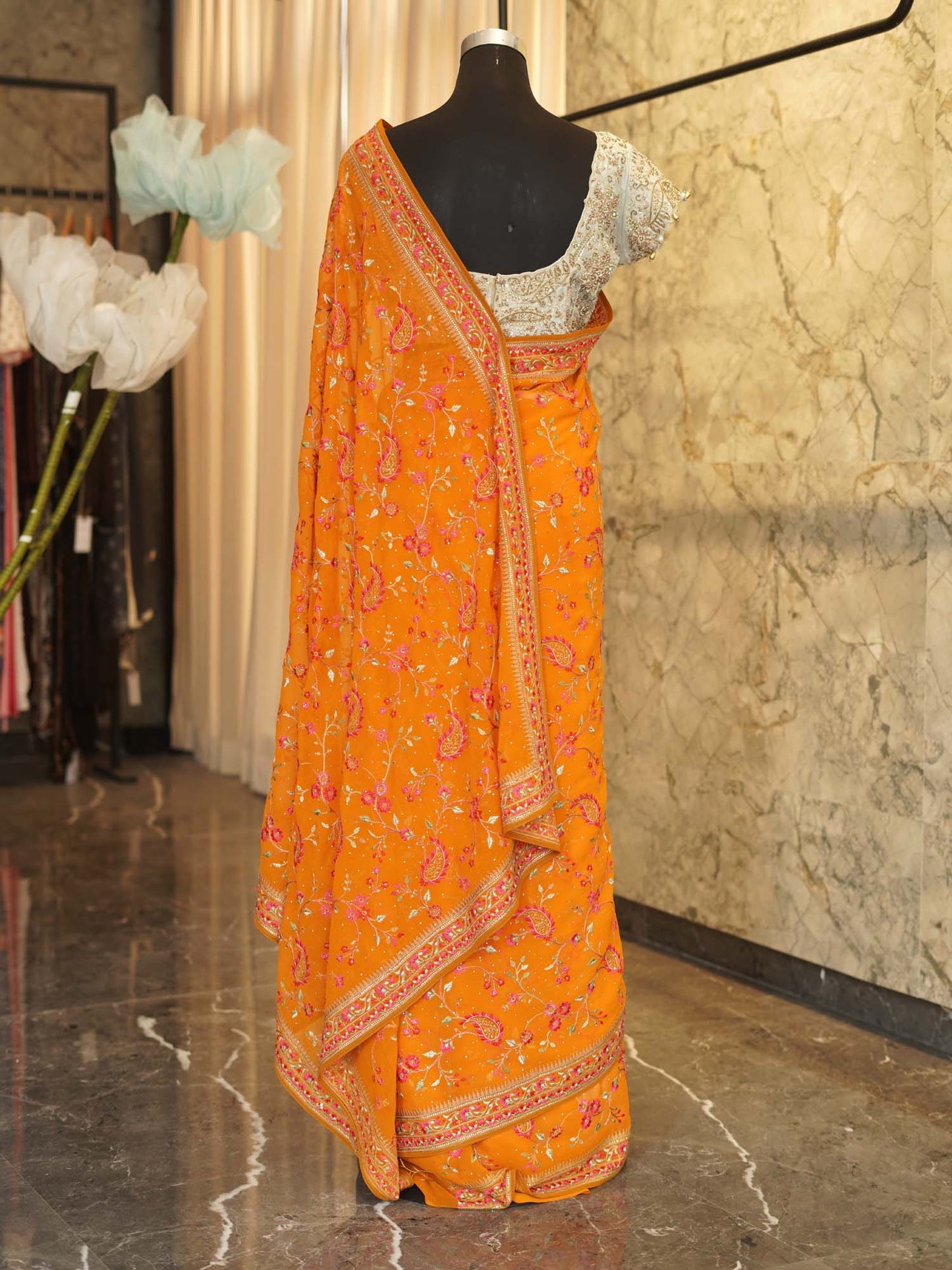 Women's Orange Half & Half Embroidered Saree By Room9 The Popup Store
