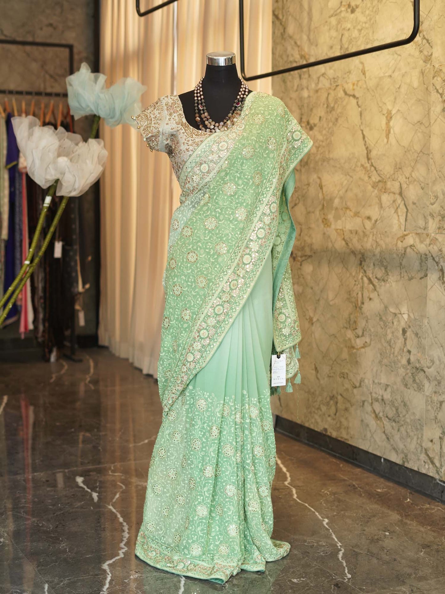 Women's Emerald Grace: Green Georgette Chikankari Sari with Allover Intricate Embroidery By Room9 The Popup Store