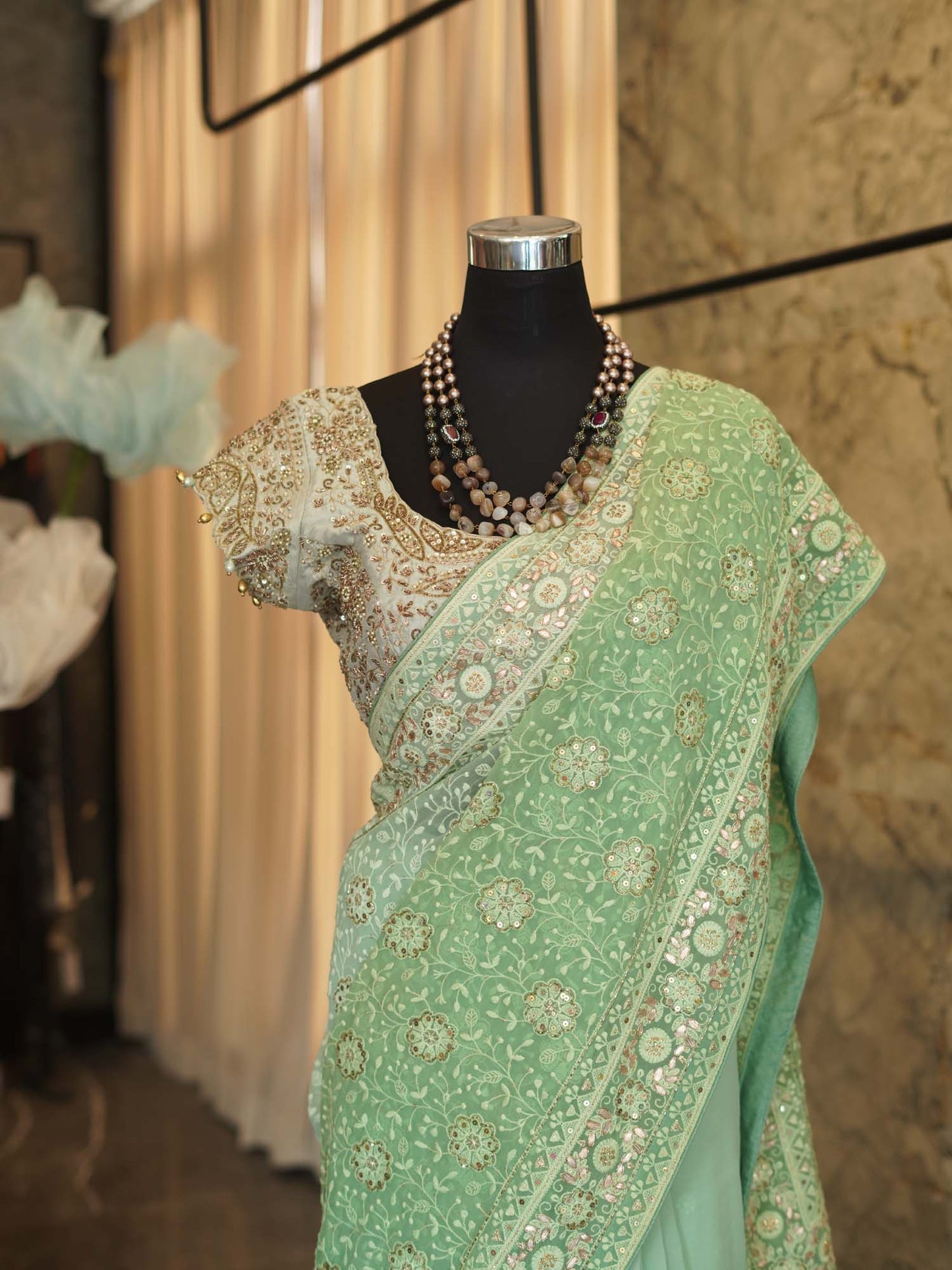 Women's Emerald Grace: Green Georgette Chikankari Sari with Allover Intricate Embroidery By Room9 The Popup Store