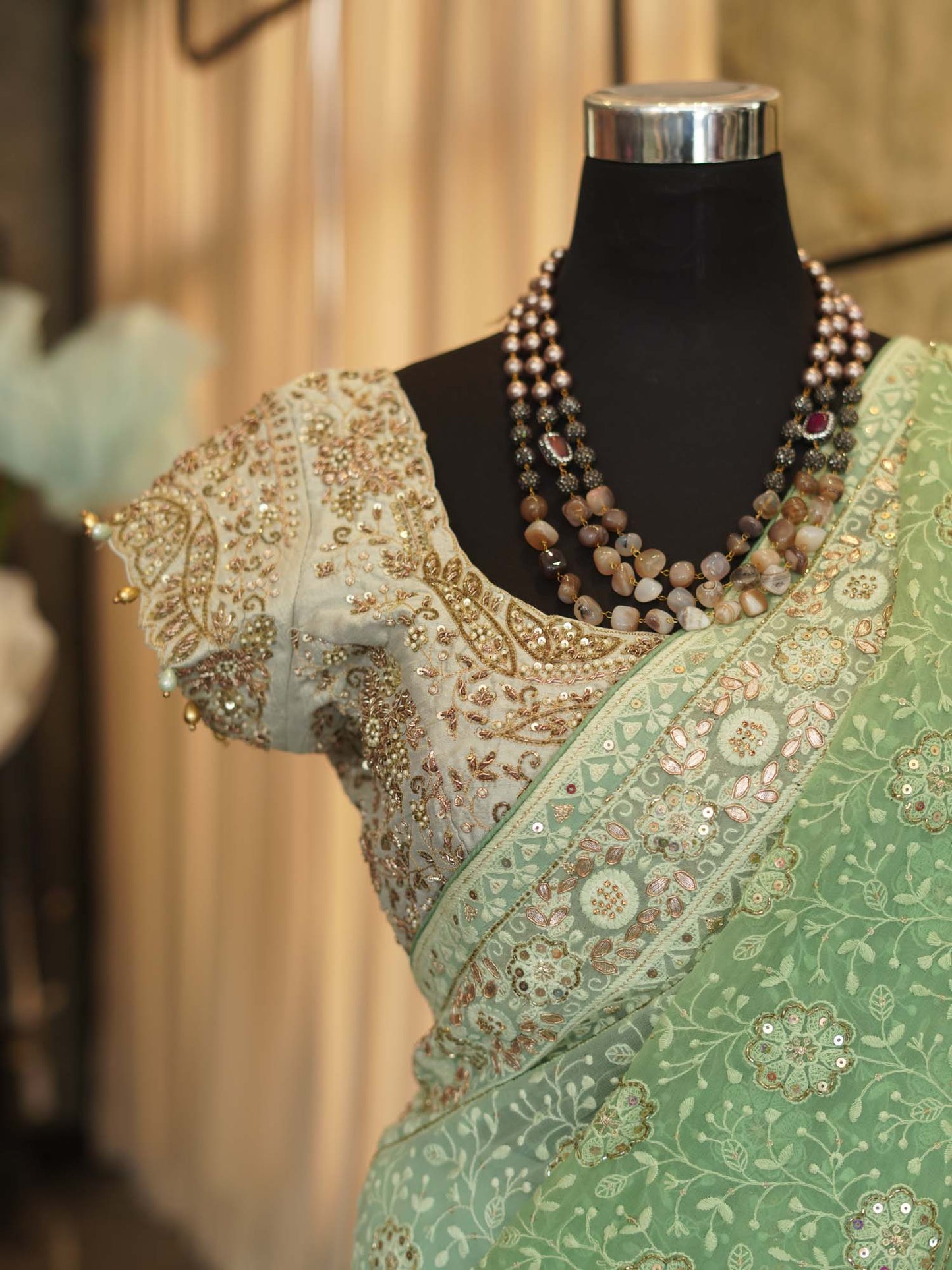 Women's Emerald Grace: Green Georgette Chikankari Sari with Allover Intricate Embroidery By Room9 The Popup Store