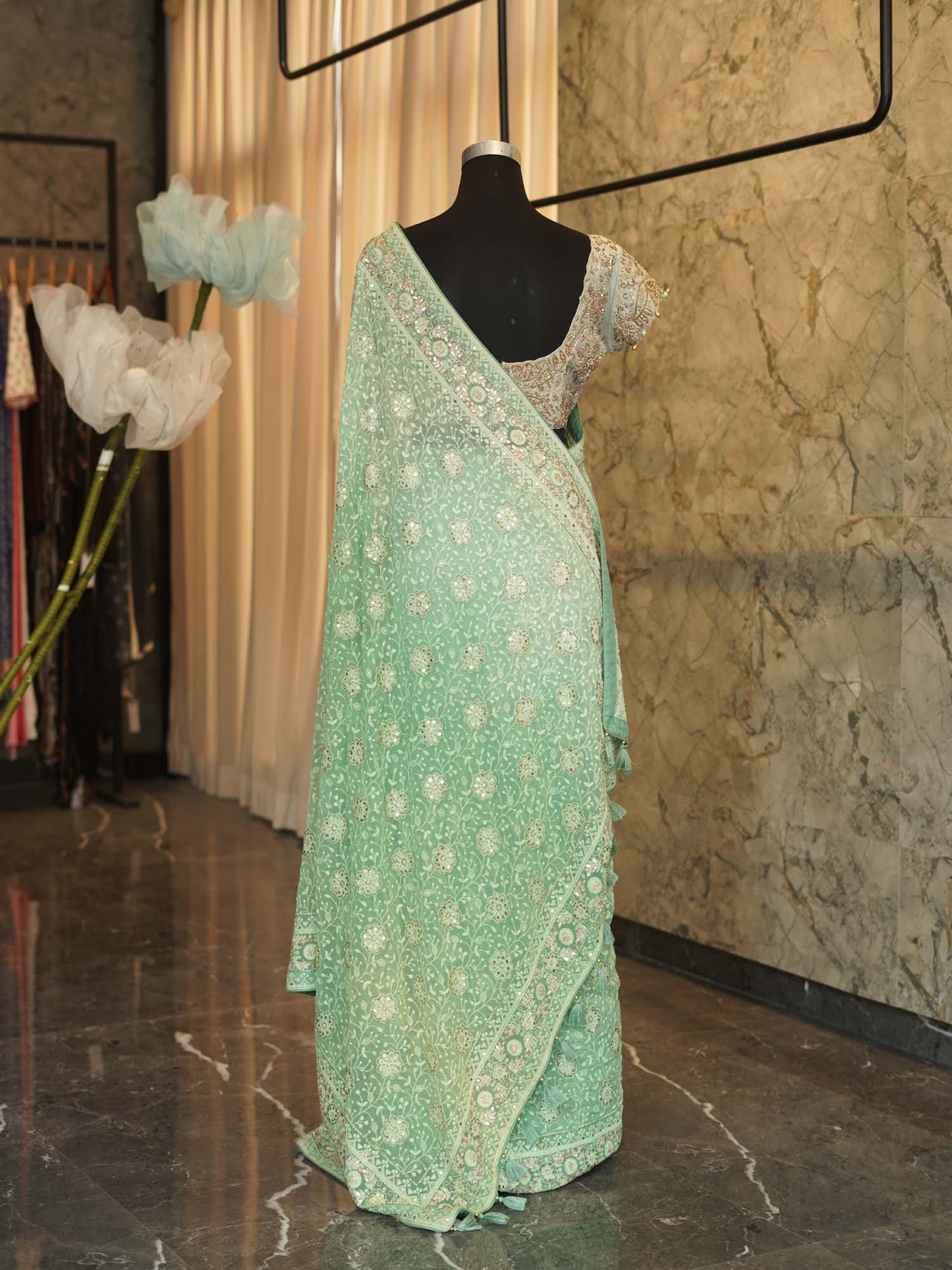 Women's Emerald Grace: Green Georgette Chikankari Sari with Allover Intricate Embroidery By Room9 The Popup Store