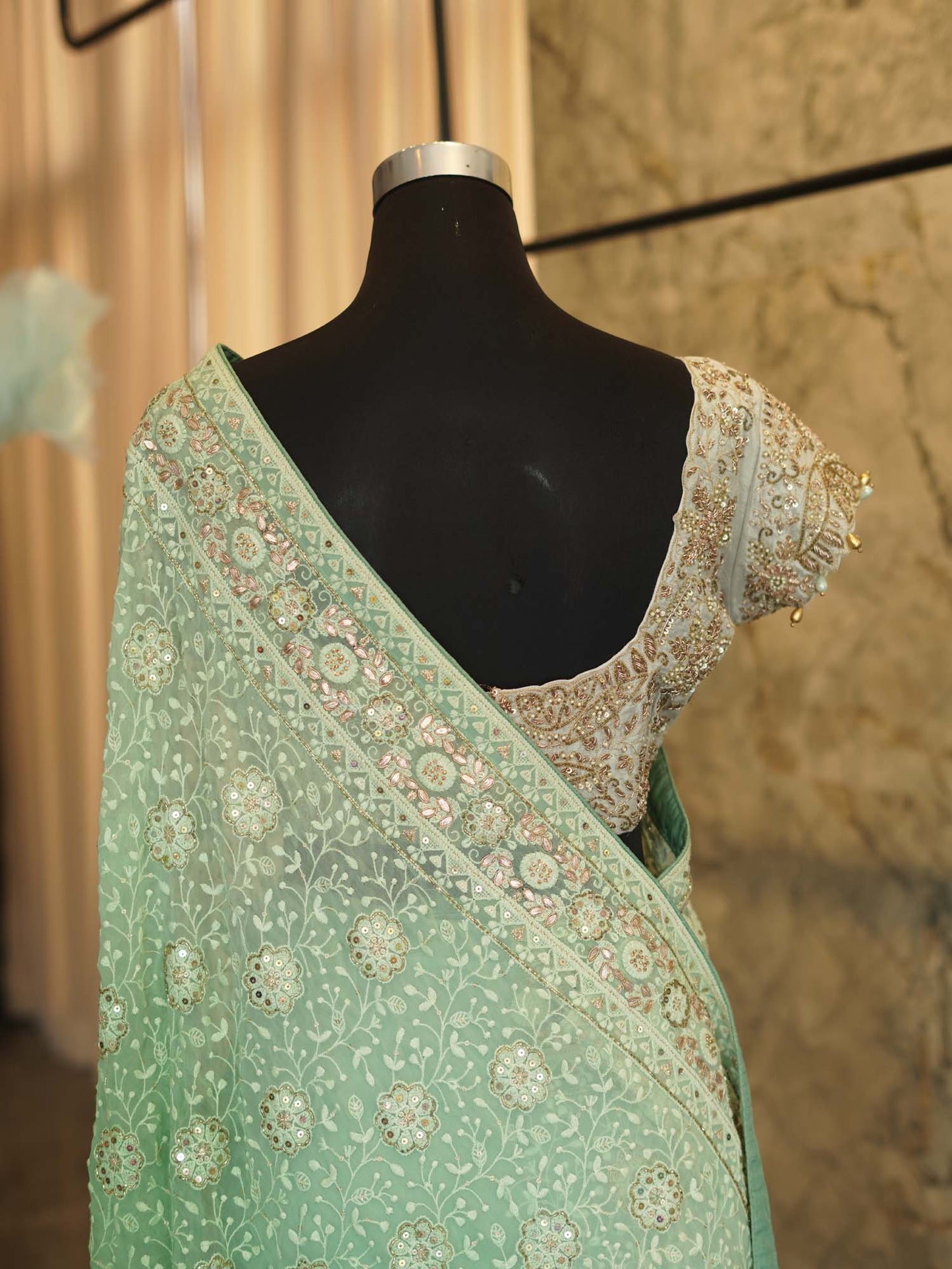 Women's Emerald Grace: Green Georgette Chikankari Sari with Allover Intricate Embroidery By Room9 The Popup Store