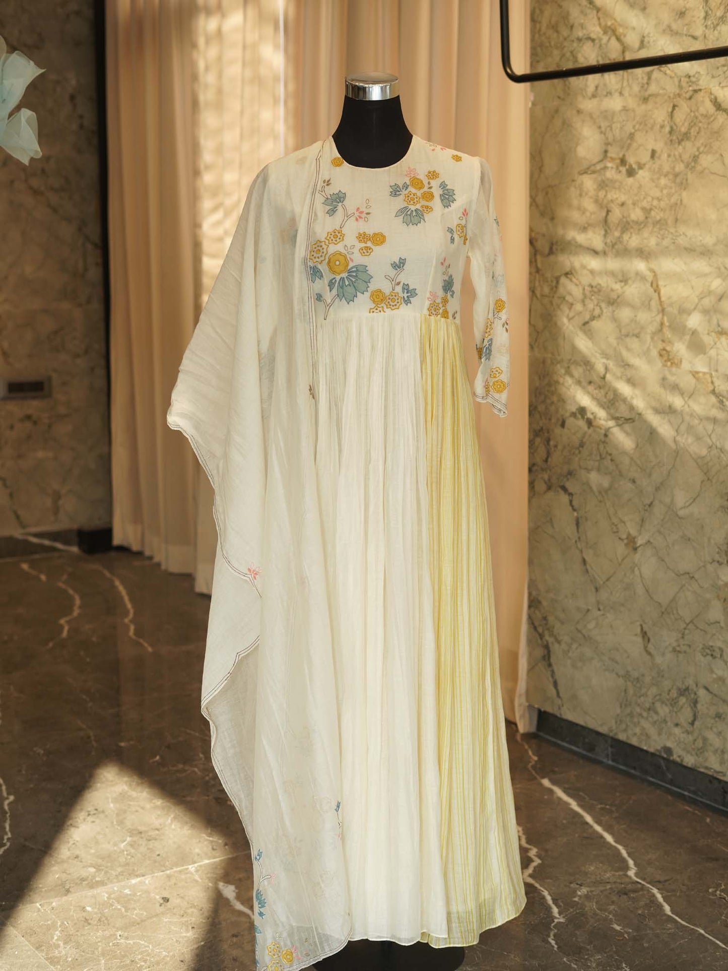 Women's Blossom Waltz: White Floral Embroidered Ensemble with Dupatta By Room9 The Popup Store