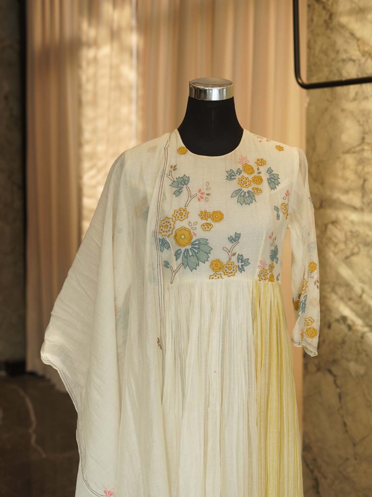 Women's Blossom Waltz: White Floral Embroidered Ensemble with Dupatta By Room9 The Popup Store