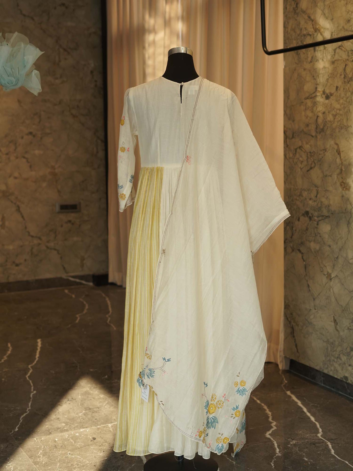 Women's Blossom Waltz: White Floral Embroidered Ensemble with Dupatta By Room9 The Popup Store