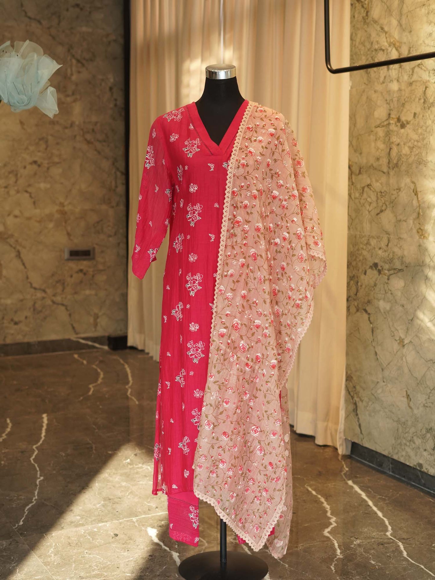 Women's Rose Petal Bliss: Pink Floral Kurta Set with Dupatta By Room9 The Popup Store