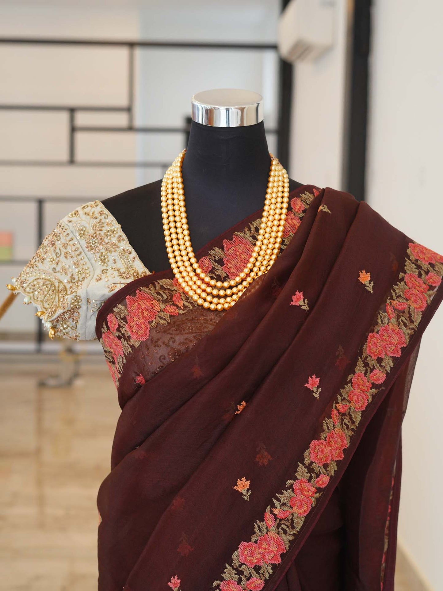 Women's Burgundy Blossom Tapestry Saree By Room9 The Popup Store