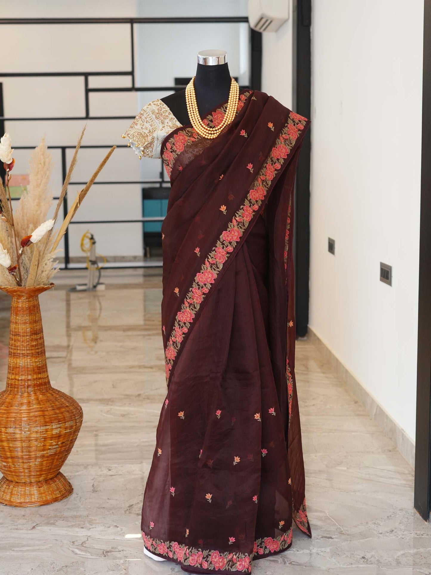 Women's Burgundy Blossom Tapestry Saree By Room9 The Popup Store