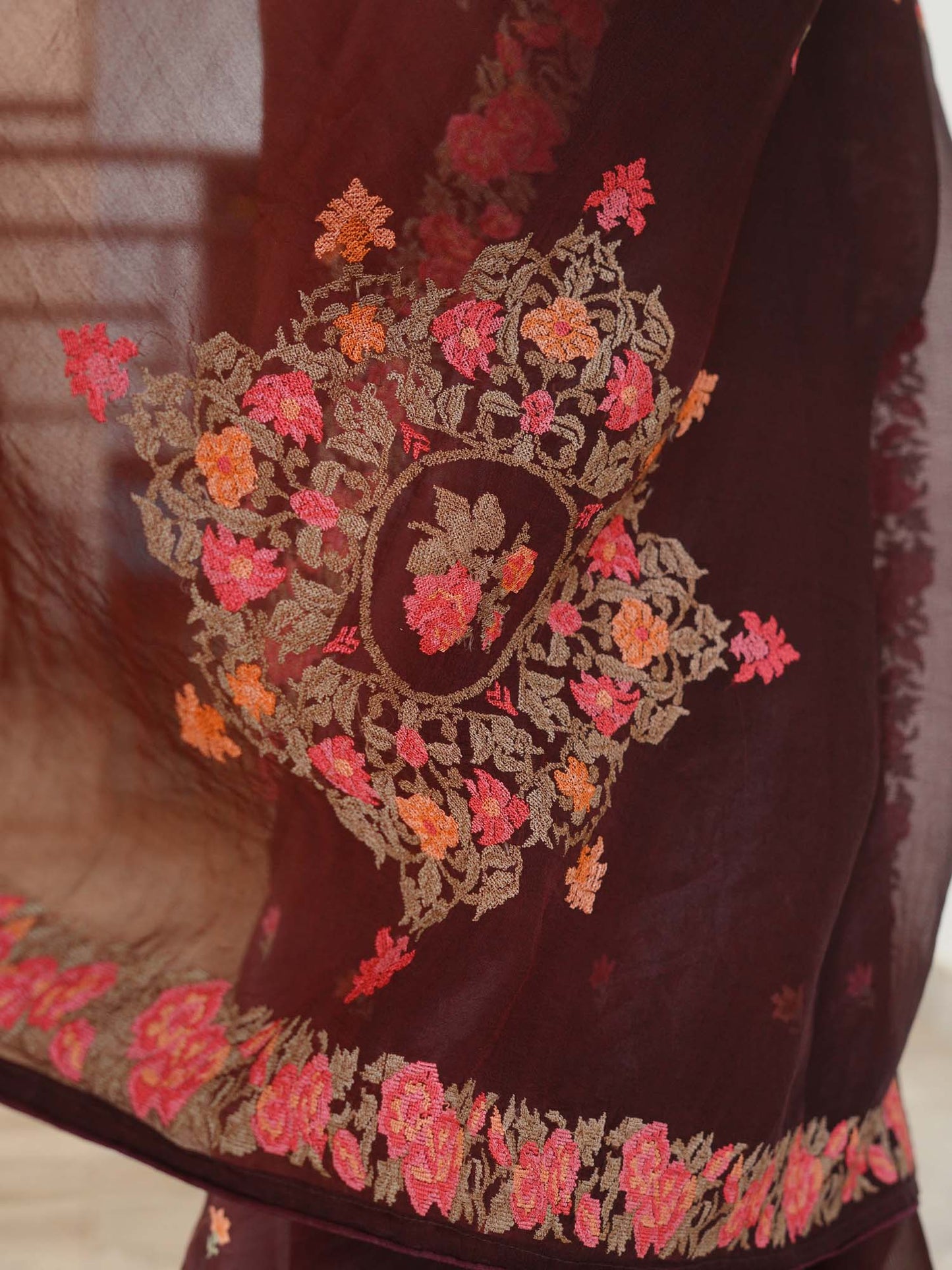 Women's Burgundy Blossom Tapestry Saree By Room9 The Popup Store