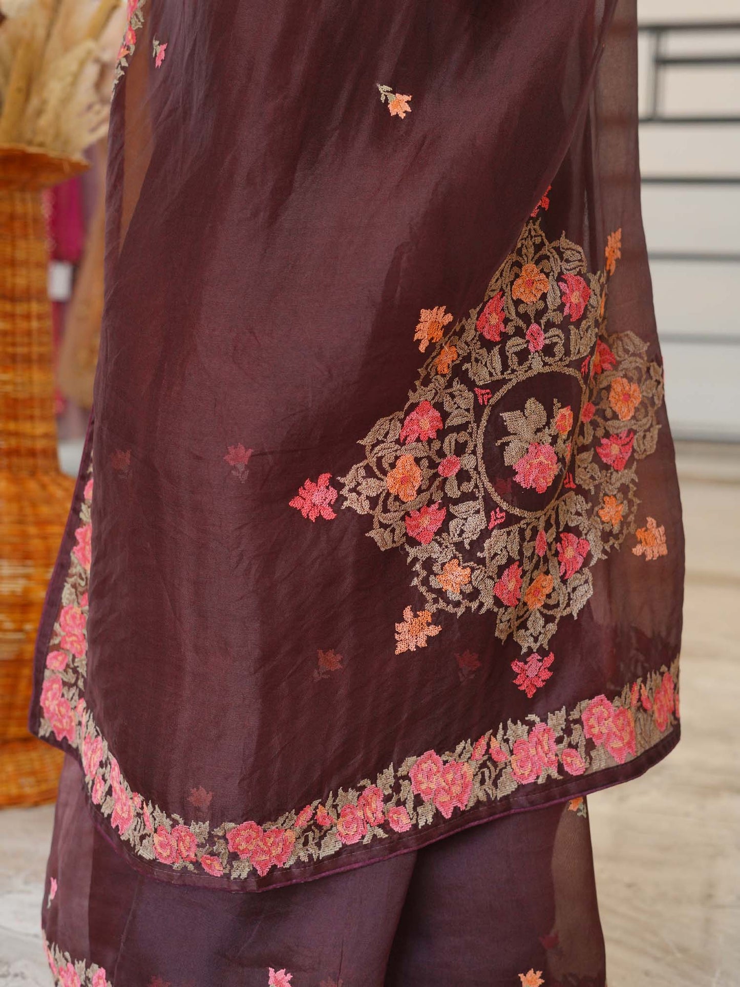 Women's Burgundy Blossom Tapestry Saree By Room9 The Popup Store