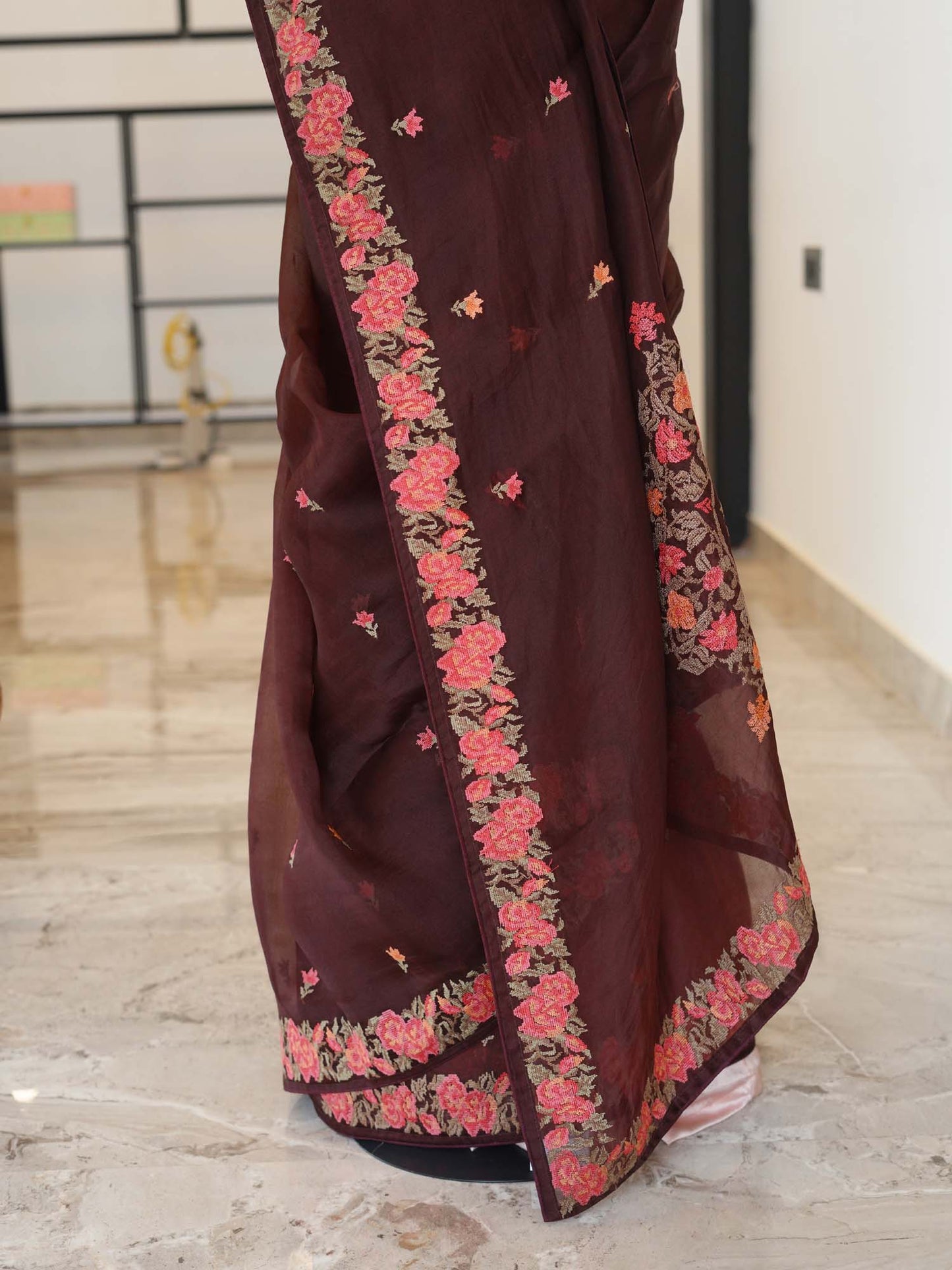 Women's Burgundy Blossom Tapestry Saree By Room9 The Popup Store