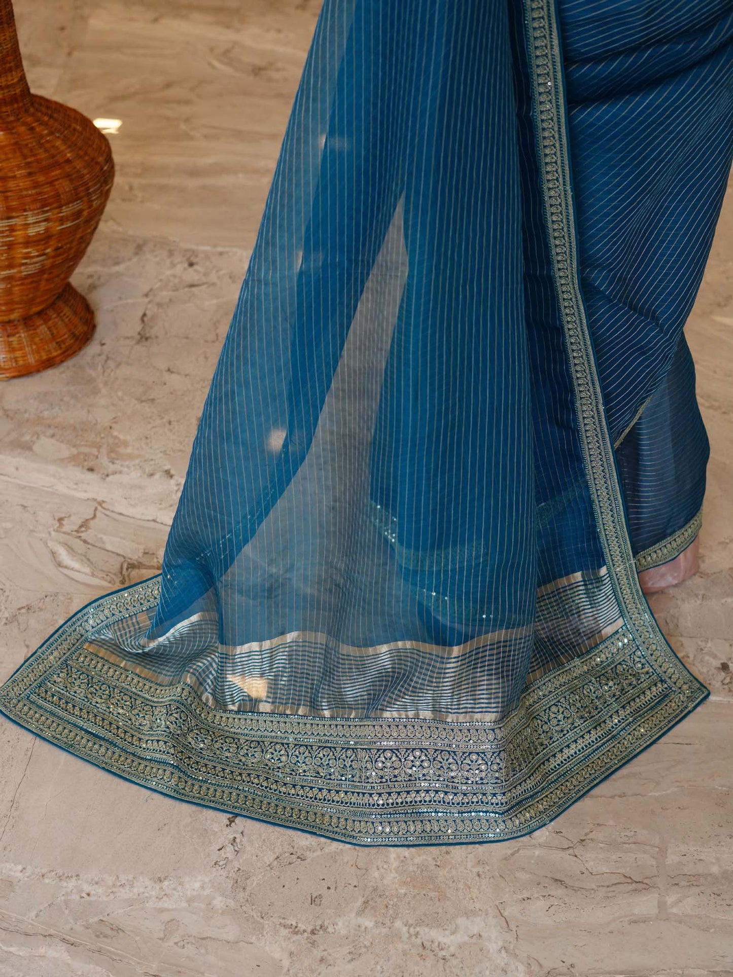 Women's Azure Striped Whispers Saree By Room9 The Popup Store