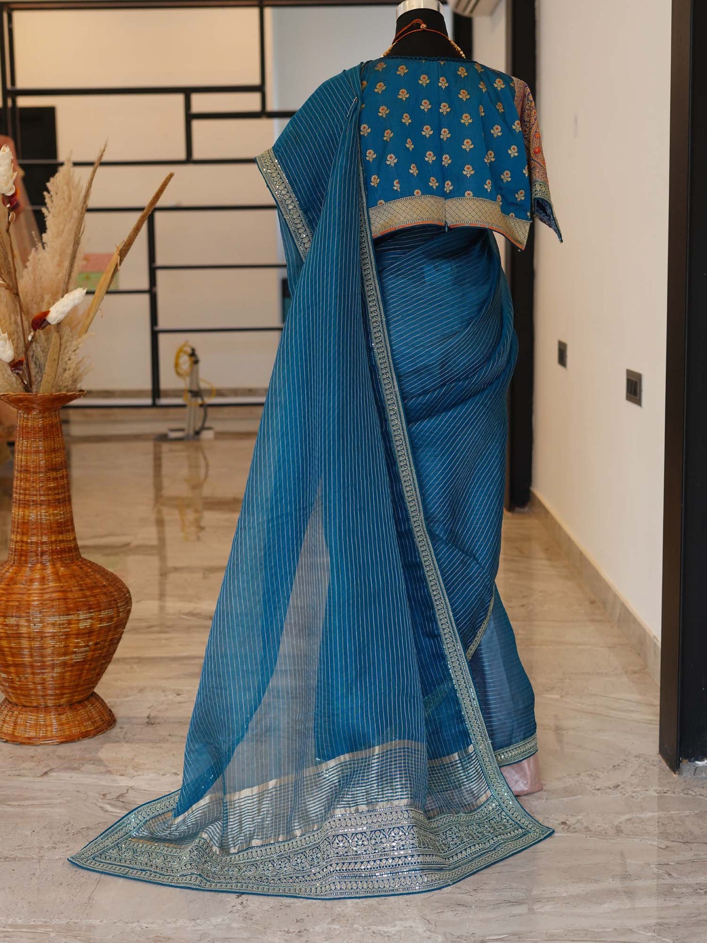 Women's Azure Striped Whispers Saree By Room9 The Popup Store