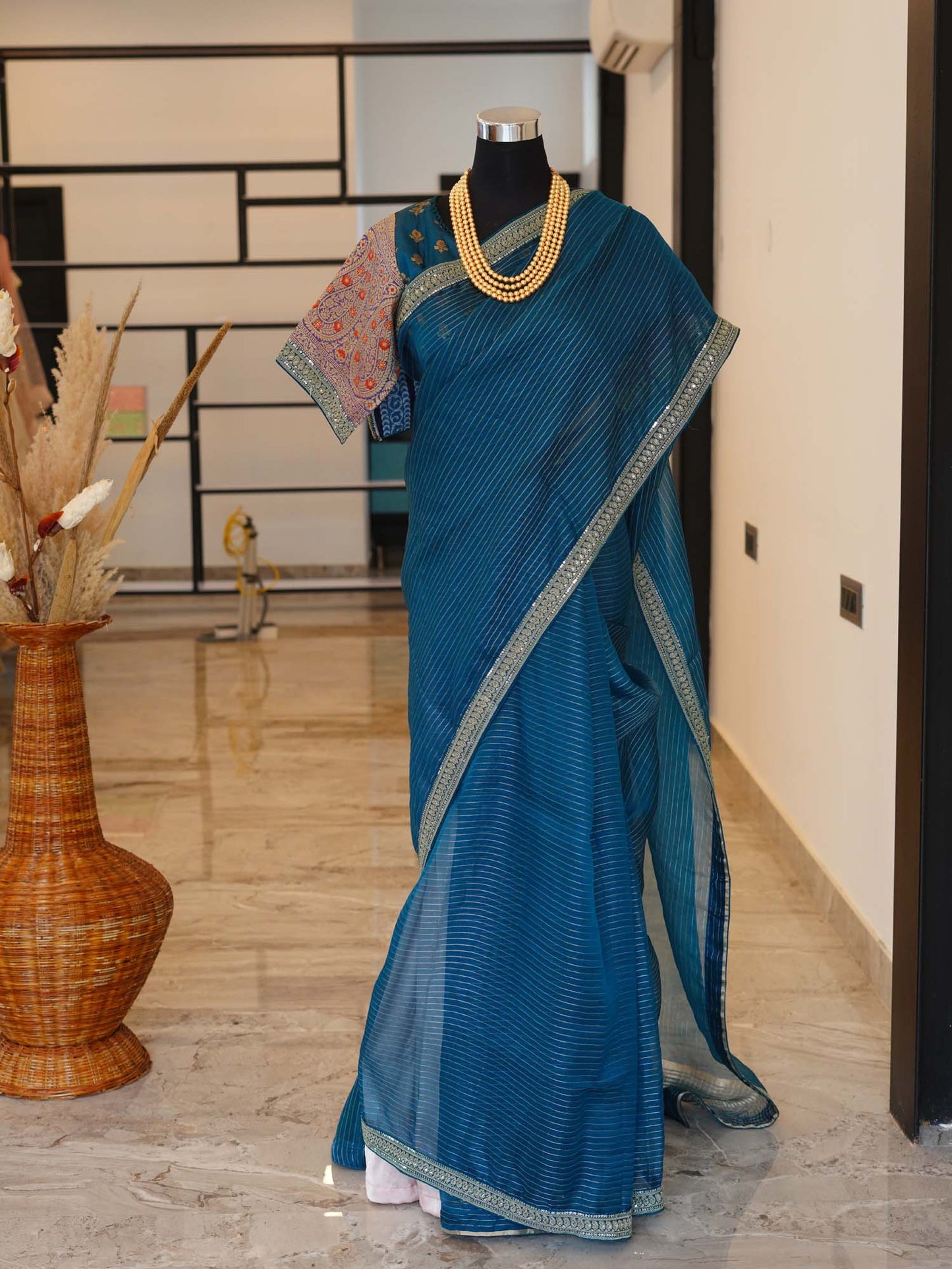 Women's Azure Striped Whispers Saree By Room9 The Popup Store