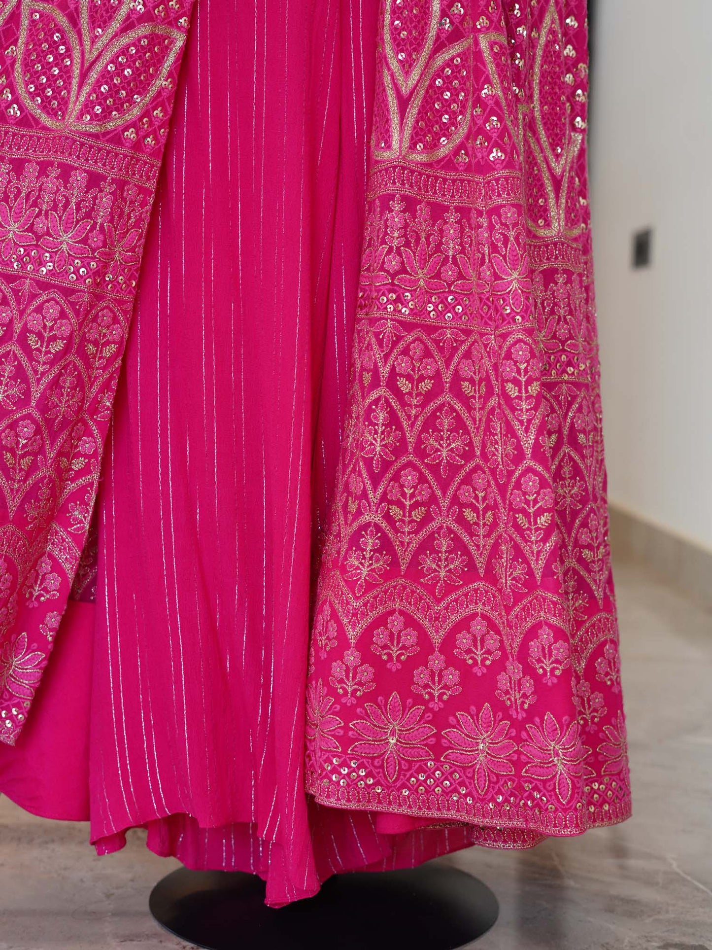 Women's Rose Radiance Fusion Ensemble with Stripe Pants and Dual-Tone Dupatta By Room9 The Popup Store