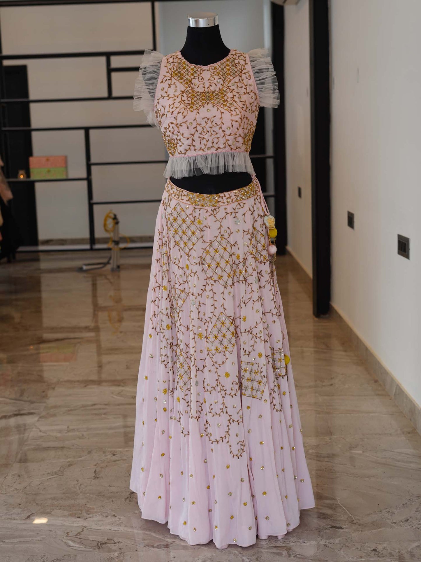 Women's Blush Bloom Lehenga with Gold Embroidery By Room9 The Popup Store