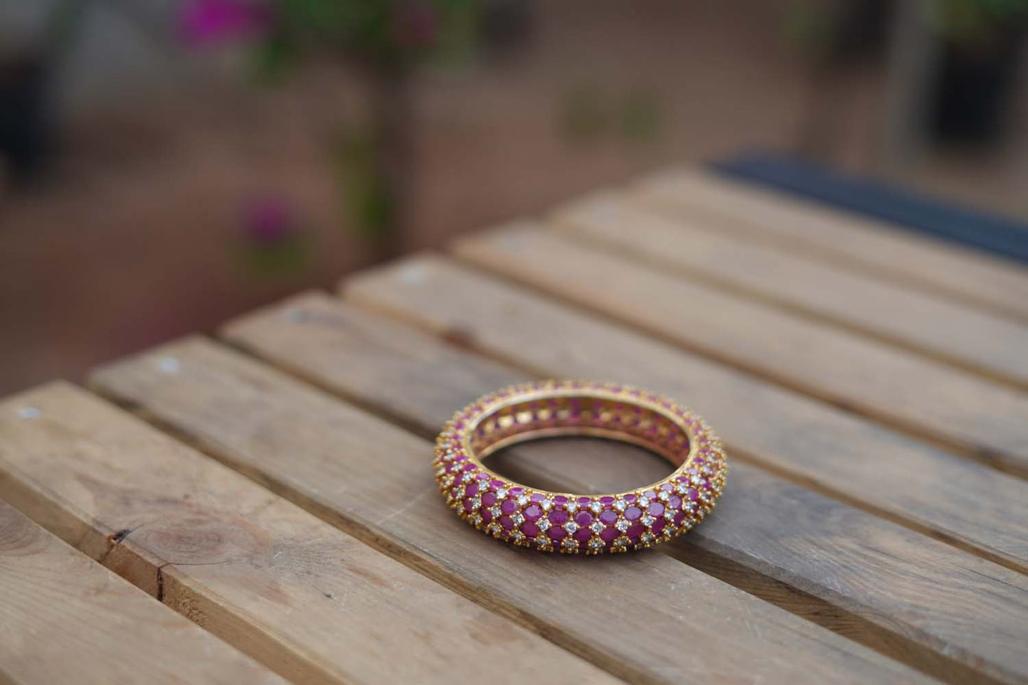 Women's Radiant Crimson Splendor: Golden Bangle with Ad Stones By Room9 The Popup Store