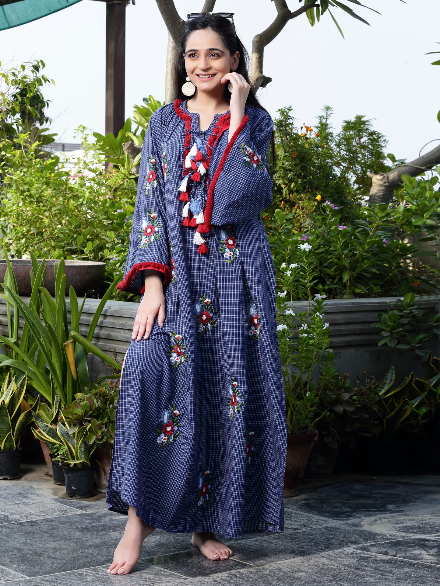 Women's Navy Check Embroidered Long Dress By Room9 The Popup Store