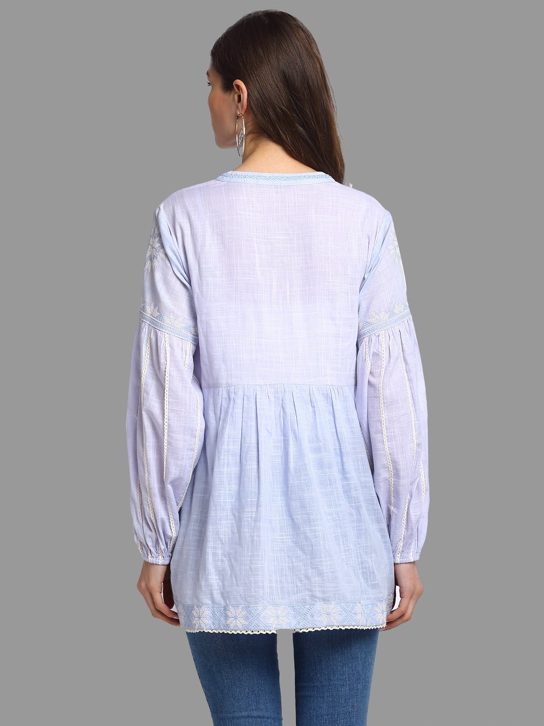 Women's Light Blue Embroidered Cotton Top By Room9 The Popup Store