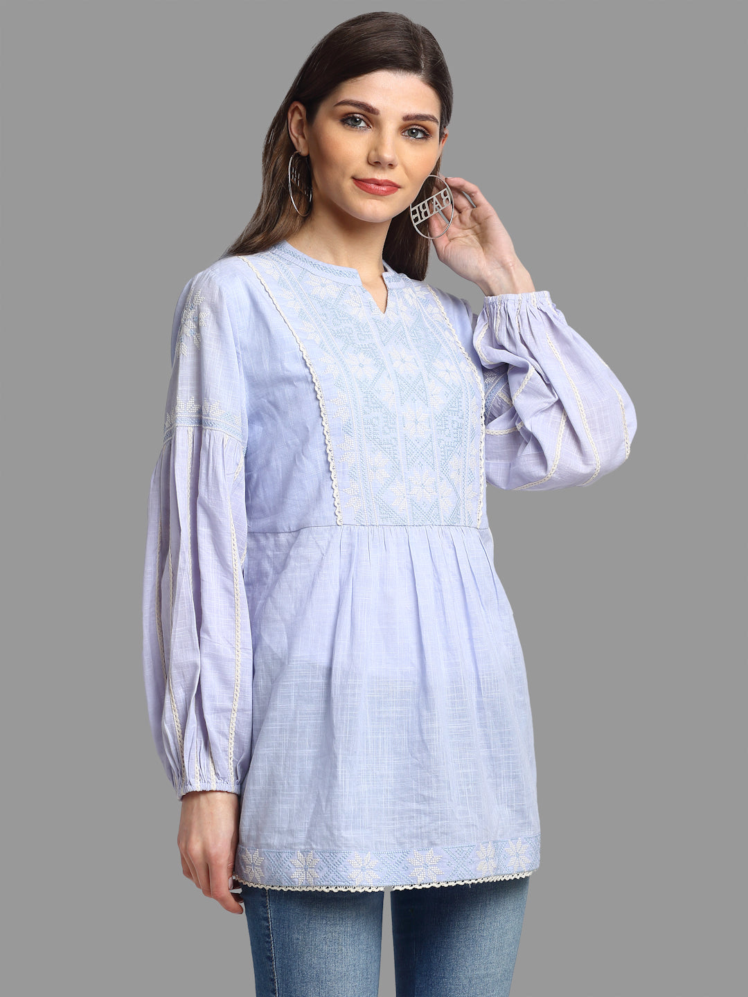 Women's Light Blue Embroidered Cotton Top By Room9 The Popup Store