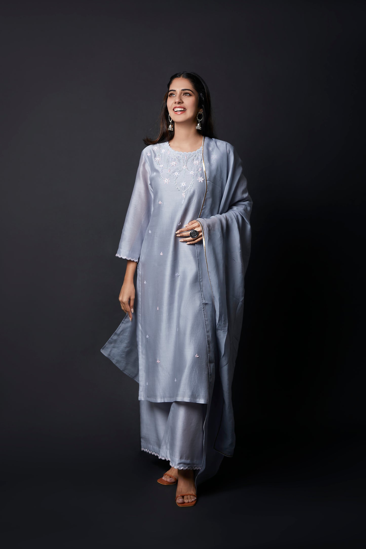 Women's Mystic Ash Handcrafted Chanderi Suit Set By Room9 The Popup Store