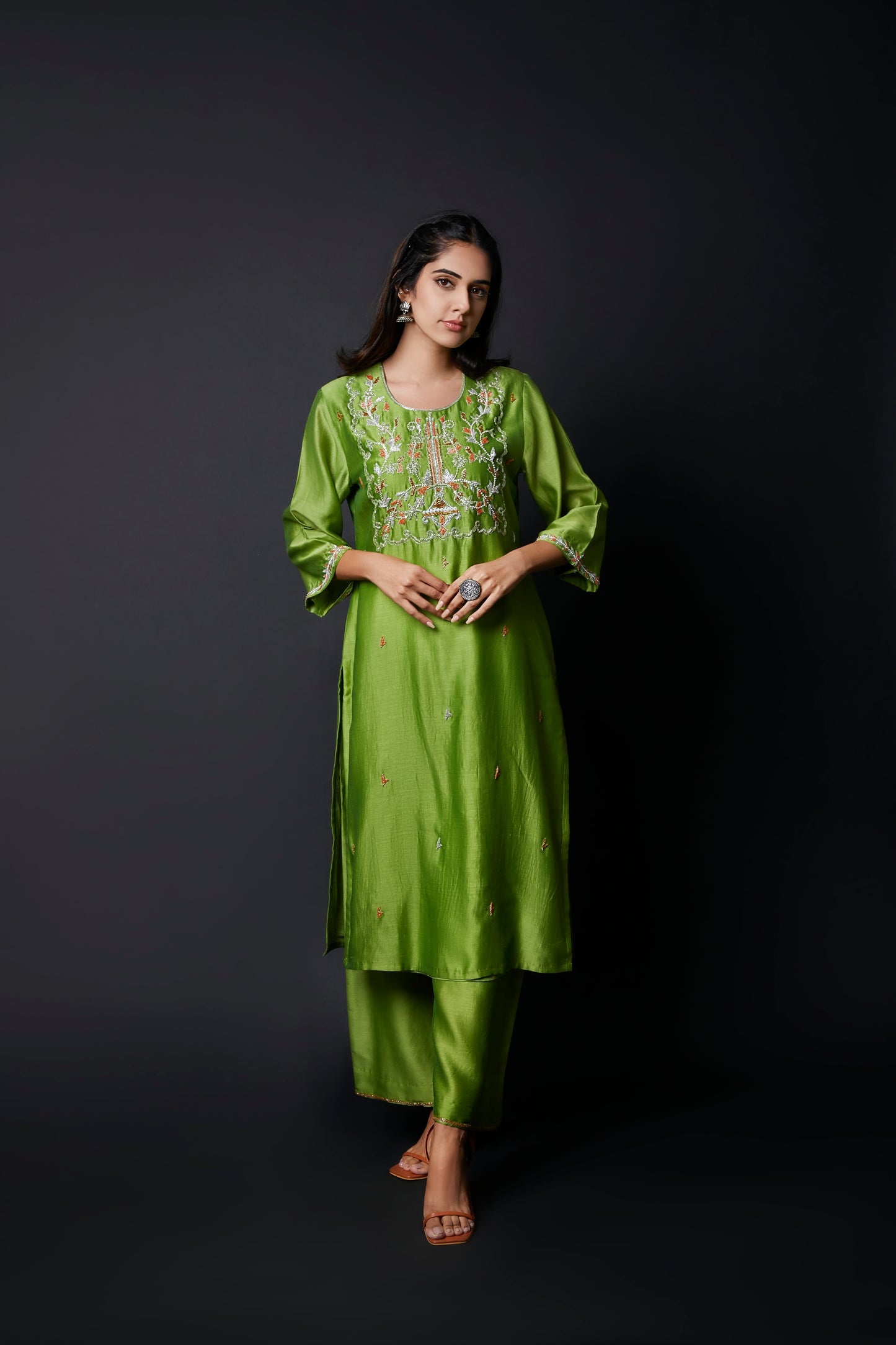 Women's Emerald Bliss Handcrafted Chanderi Suit Set By Room9 The Popup Store