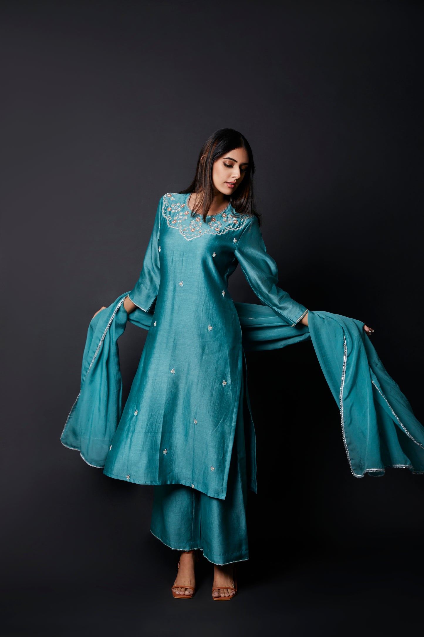 Women's Sapphire Splendor Handcrafted Blue Chanderi Suit Set By Room9 The Popup Store