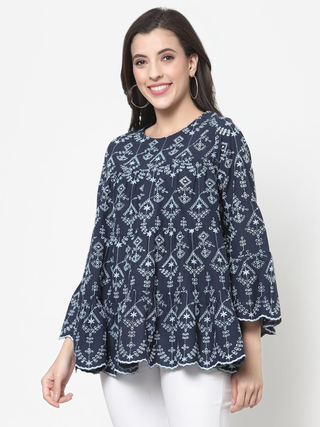 Women's Blue Cotton Ethnic Embroidered Peplum Top By Room9 The Popup Store