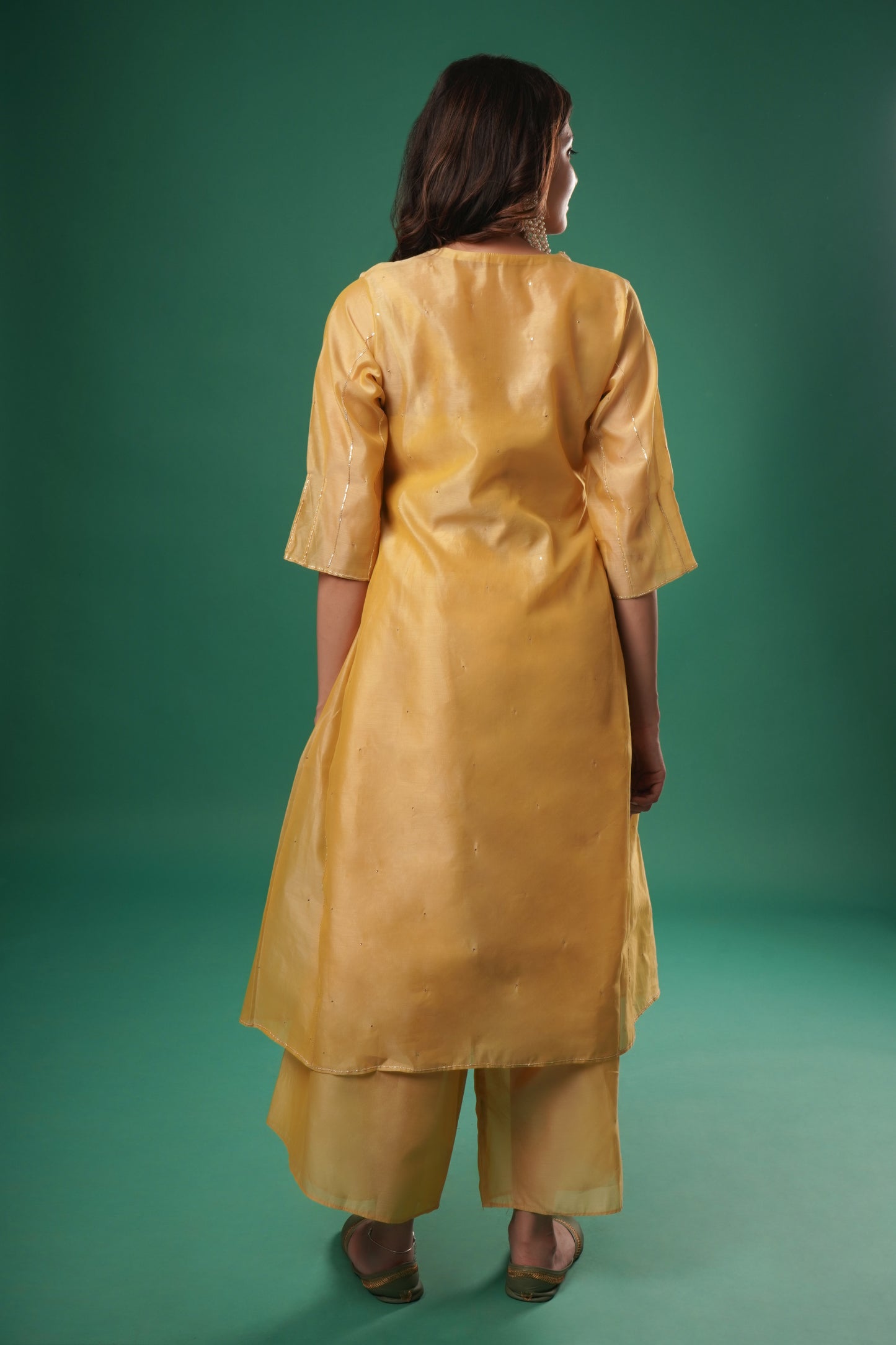 Women's Yellow Chanderi Muqaish Work A-Line Set By Room9 The Popup Store