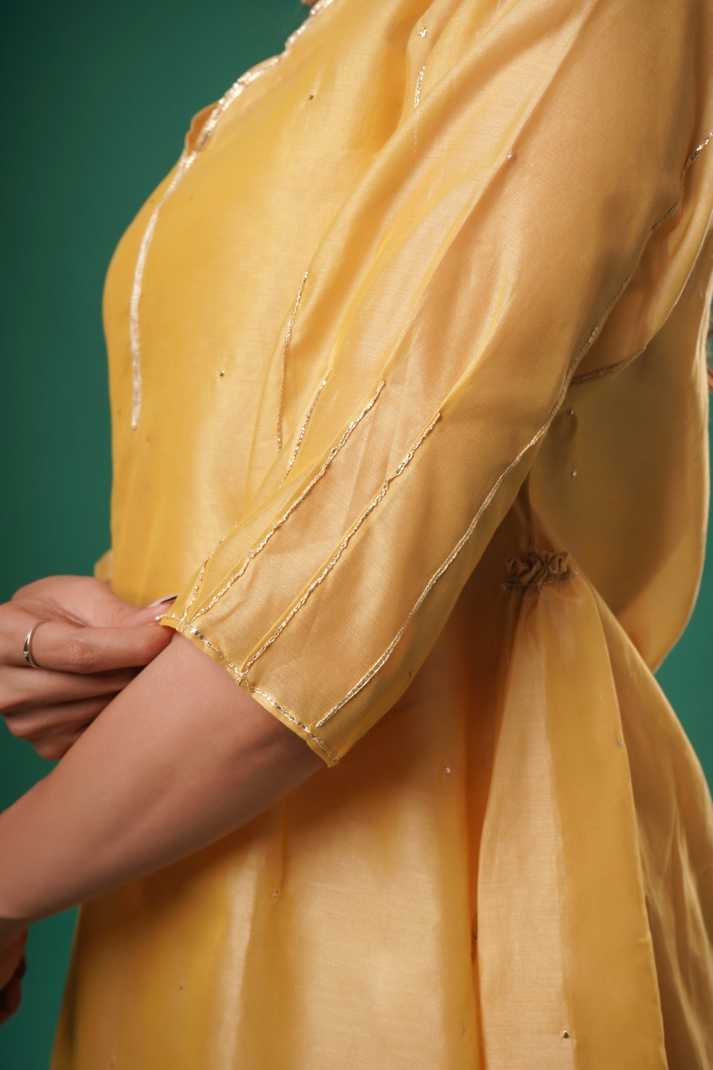 Women's Yellow Chanderi Muqaish Work A-Line Set By Room9 The Popup Store