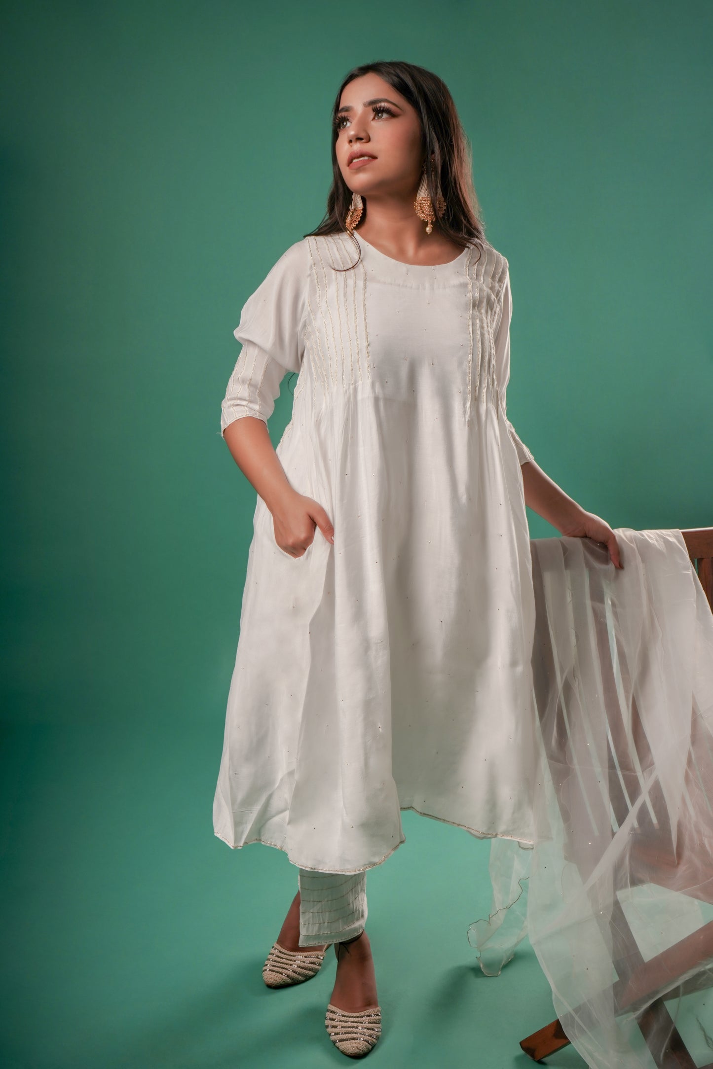 Women's White Chanderi Suit Set With Dupatta By Room9 The Popup Store