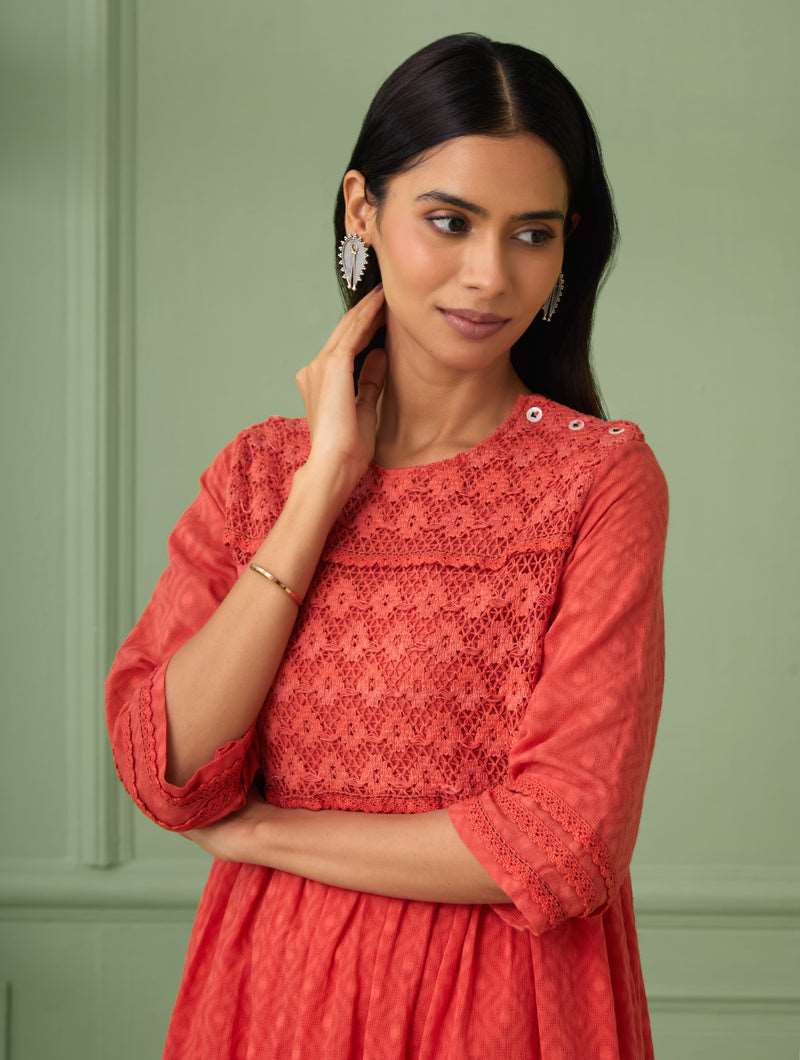 Women's Coral Calf-Length Lace Dress By Room9 The Popup Store