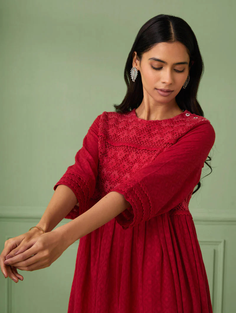 Women's Red Calf-Length Lace Dress By Room9 The Popup Store