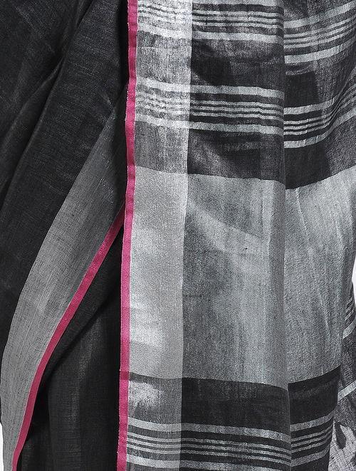Women's Black linen saree with pink silver border By Room9 The Popup Store