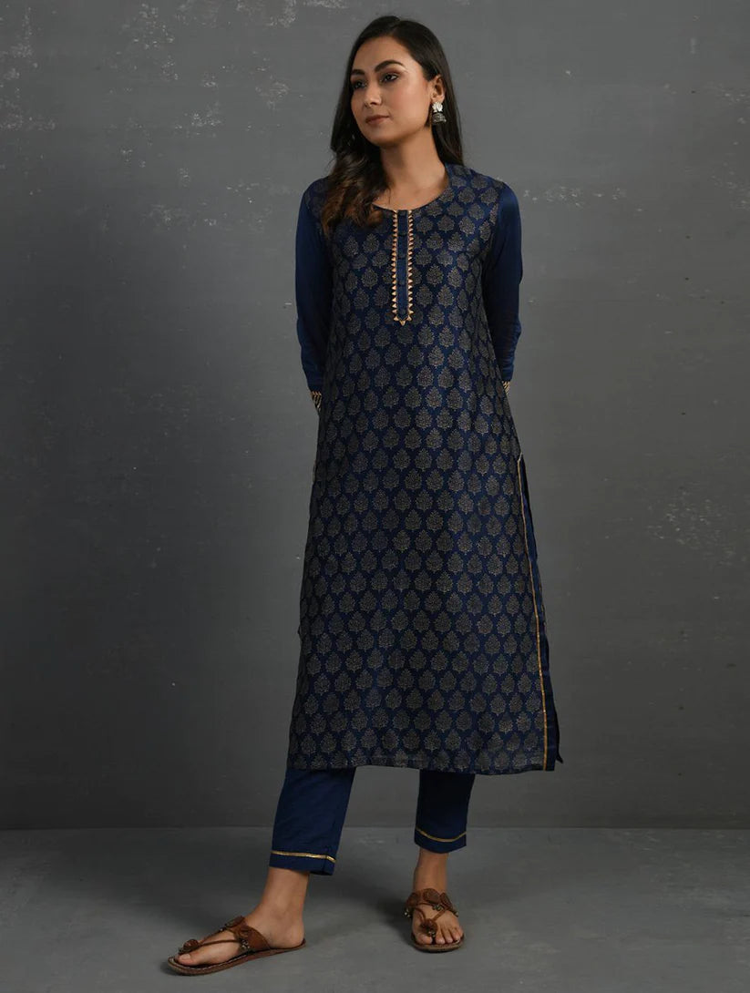 Women's Indigo Block Printed Handwoven Chanderi Kurta with Mul Slip and Pants (Set of 3) By Room9 The Popup Store