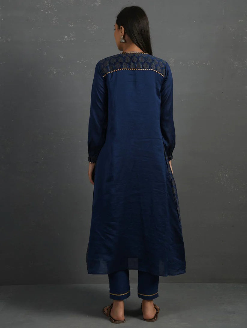 Women's Indigo Block Printed Handwoven Chanderi Kurta with Mul Slip & Pants (Set of 3) By Room9 The Popup Store