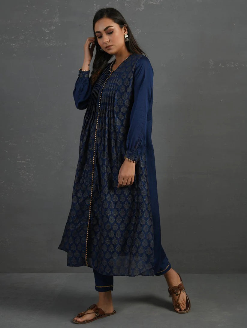Women's Indigo Block Printed Handwoven Chanderi Kurta with Mul Slip & Pants (Set of 3) By Room9 The Popup Store